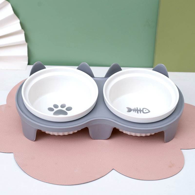 Pet Bowl Dog Cat Food Water Bowl Stand Feeder with Ceramic Bowls