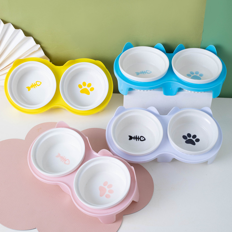Pet Bowl Dog Cat Food Water Bowl Stand Feeder with Ceramic Bowls