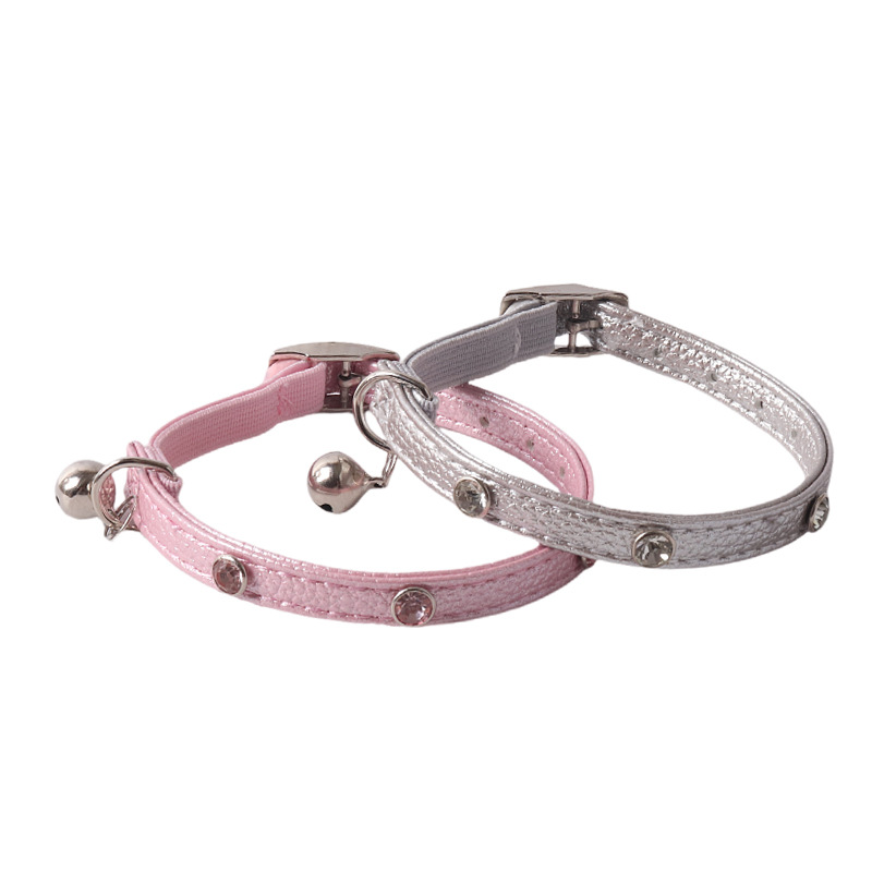 Factory customize pu leather pet cat kitten collar with rhinestone elastic belt with bell