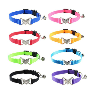 Solid Color Breakaway Buckle Safety Nylon Cat Collar Pet Necklace with Diamond Heart