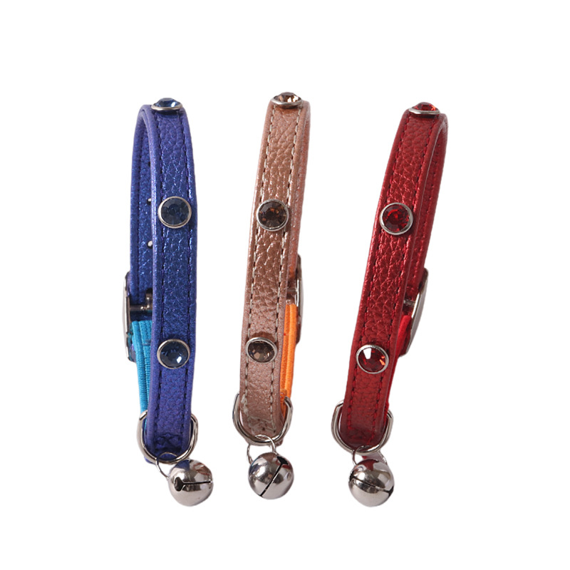 Factory customize pu leather pet cat kitten collar with rhinestone elastic belt with bell