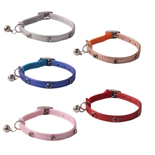 Factory customize pu leather pet cat kitten collar with rhinestone elastic belt with bell
